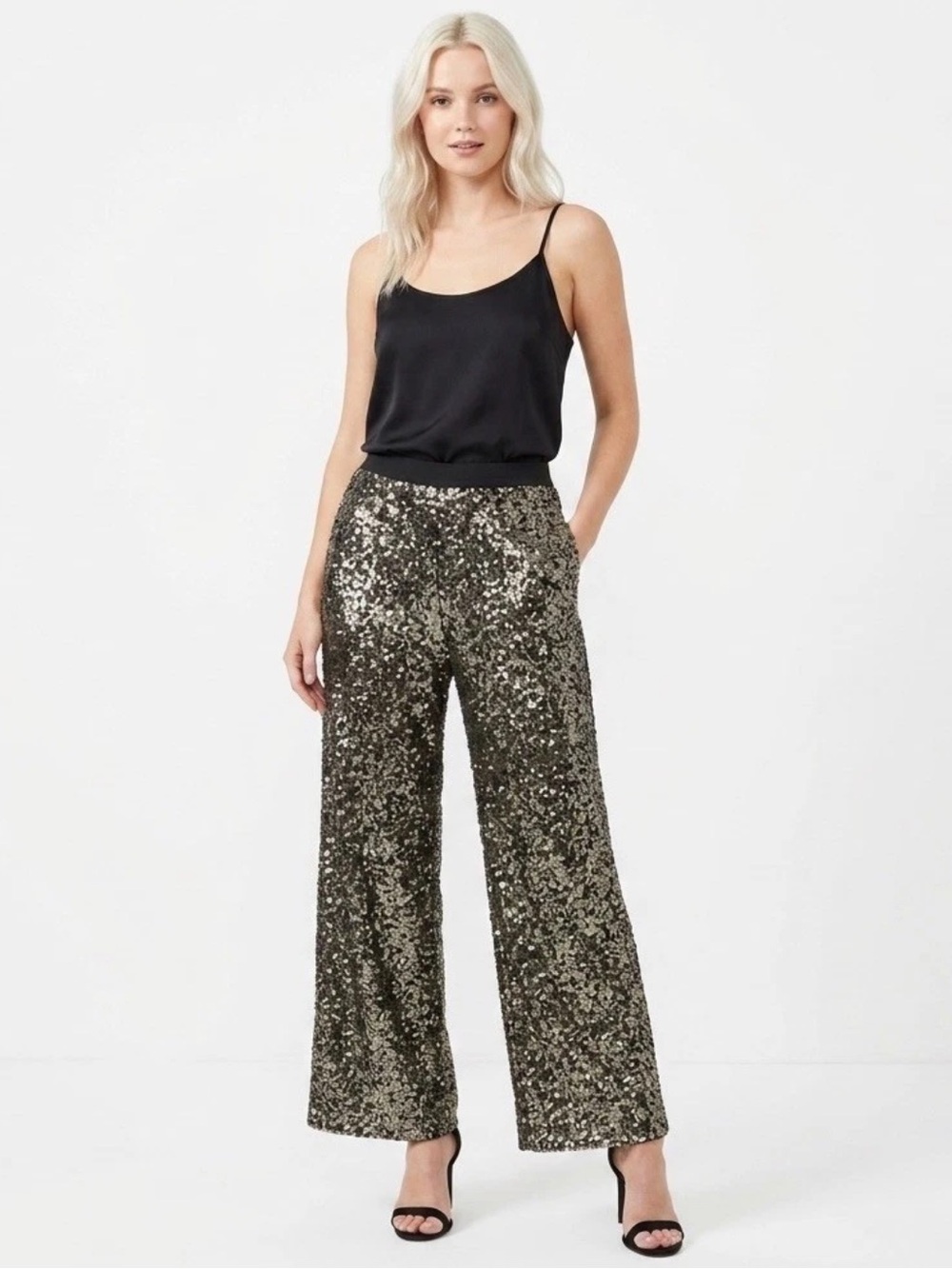 BANANA REPUBLIC Sequin Pants Medium Wide Leg High Waist Gold Black Party Club